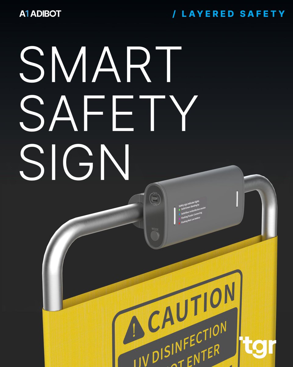 tgr_co's tweet photo. UV-C disinfection only works if it happens in an empty room and the A1 ADIBOT is built with that in mind. The A1's onboard sensors and it's accompanying smart safety sign gives the A1 continuous awareness of it's surroundings and disruptions. The A1's safety is layered by design. https://t.co/vzWBVWD1Zd