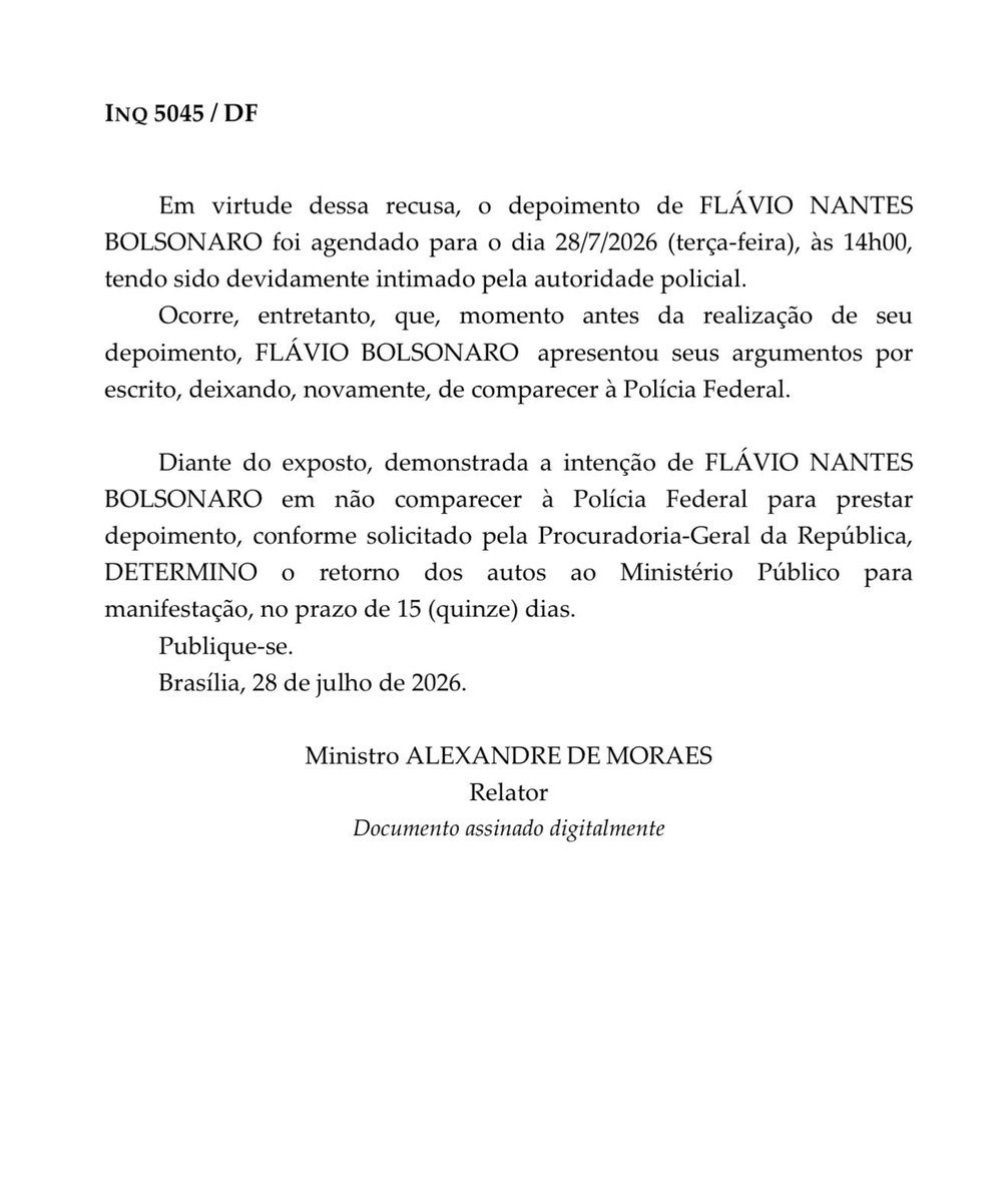 vinicios_betiol's tweet photo. URGENTE: o ministro Alexandre de Moraes acabou de enviar à PGR a informação de que O FLÁVIO BOLSONARO NÃO COMPARECEU AO DEPOIMENTO HOJE. Será que vai rolar uma visitinha da PF? https://t.co/7F600WZ59H