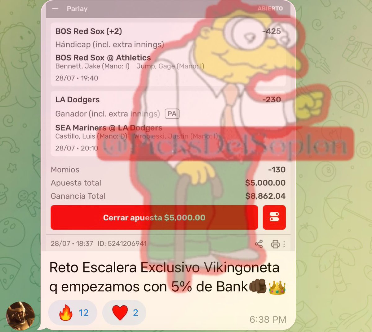 PicksdelTopo's tweet photo. 🔥 PICK VIKINGO🔥
Parlay abierto: ✅ BOS Red Sox (+2) ✅ LA Dodgers ML
Apuesta: $5,000 | Potencial: $8,862
Reto Escalera Exclusivo arrancando con 5% del bank 👊👑
#Vikingoneta #PicksMLB #ParlayDelDía #RetoEscalera #Betting #MLB https://t.co/P7L8sDzhKB