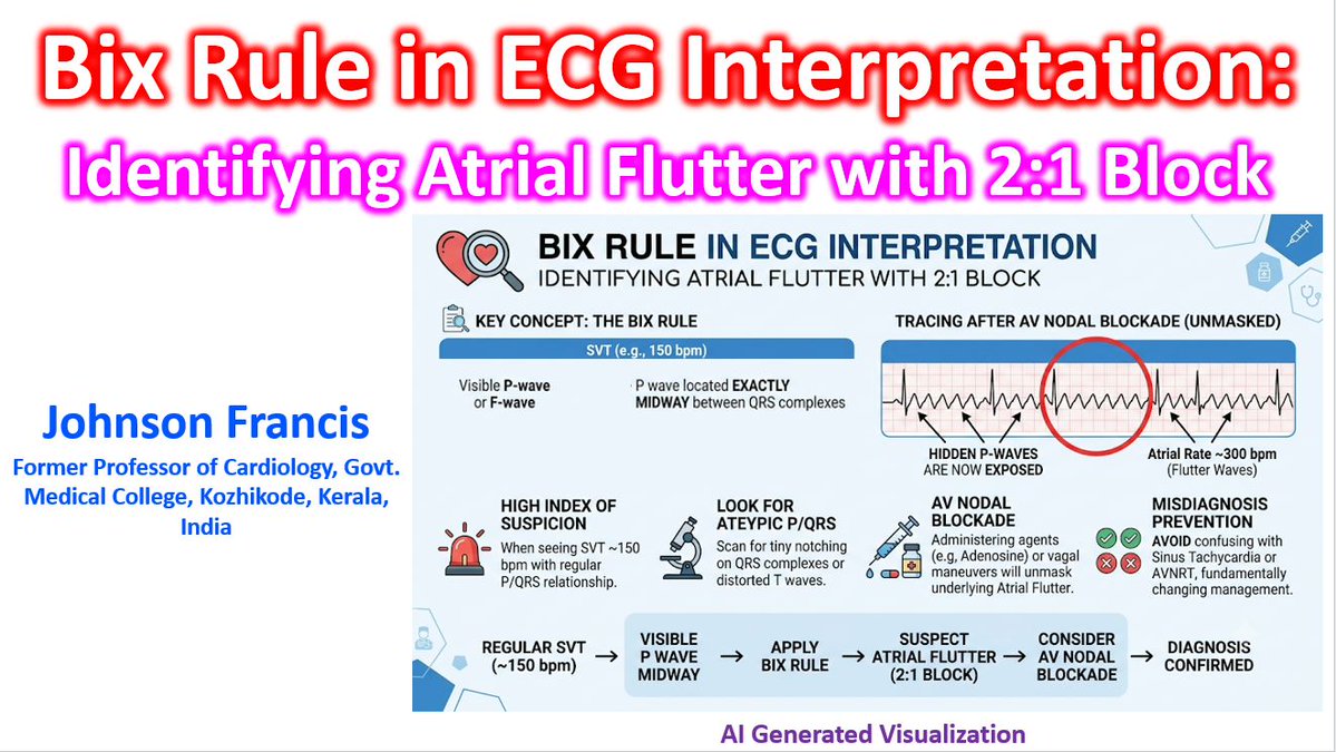 johnsoncardiol's tweet photo. @OnlyEcg1 @Arron_Pearce_ Thanks for highlighting Bix Rule!  For those unfamiliar: The Bix Rule is a high-yield diagnostic principle in electrocardiography used to unmask atrial flutter or atrial tachycardia with 2:1 AV block, named after Dr. Harold Bix, a Viennese cardiologist...https://t.co/Ylqk4YmevI https://t.co/7YVRnmRLLt