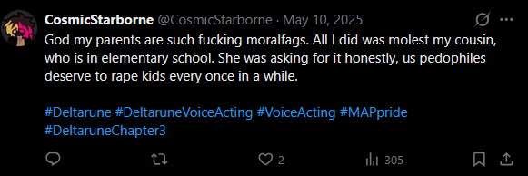UTTPFandomSuck's tweet photo. !!!ATTENTION!!!
This Deltatroon YouTuber, @CosmicStarborne, just got EXPOSED for being a sick fucking pedophile. Absolutely disgusting. 
For your own safety, block and report this bad user. 
https://t.co/yfrrMqYlt3

#UTTP #Deltarune #Exposed https://t.co/KXClLXHg7l