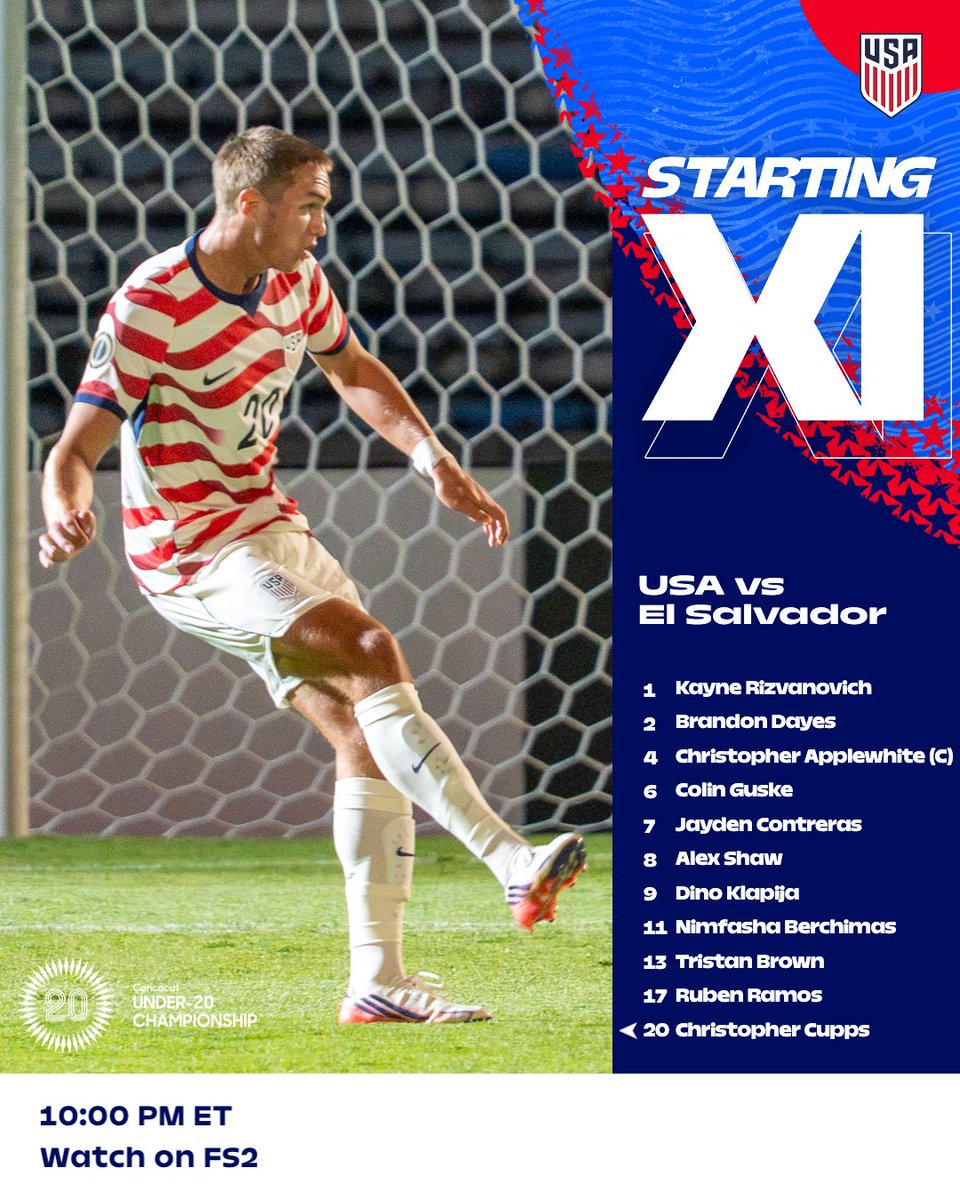 USYNT's tweet photo. How the squad lines up for our second match of the @Concacaf U20 Championship. 

Tune in at 10:00 pm ET on FS2! https://t.co/gUEcLVThbs