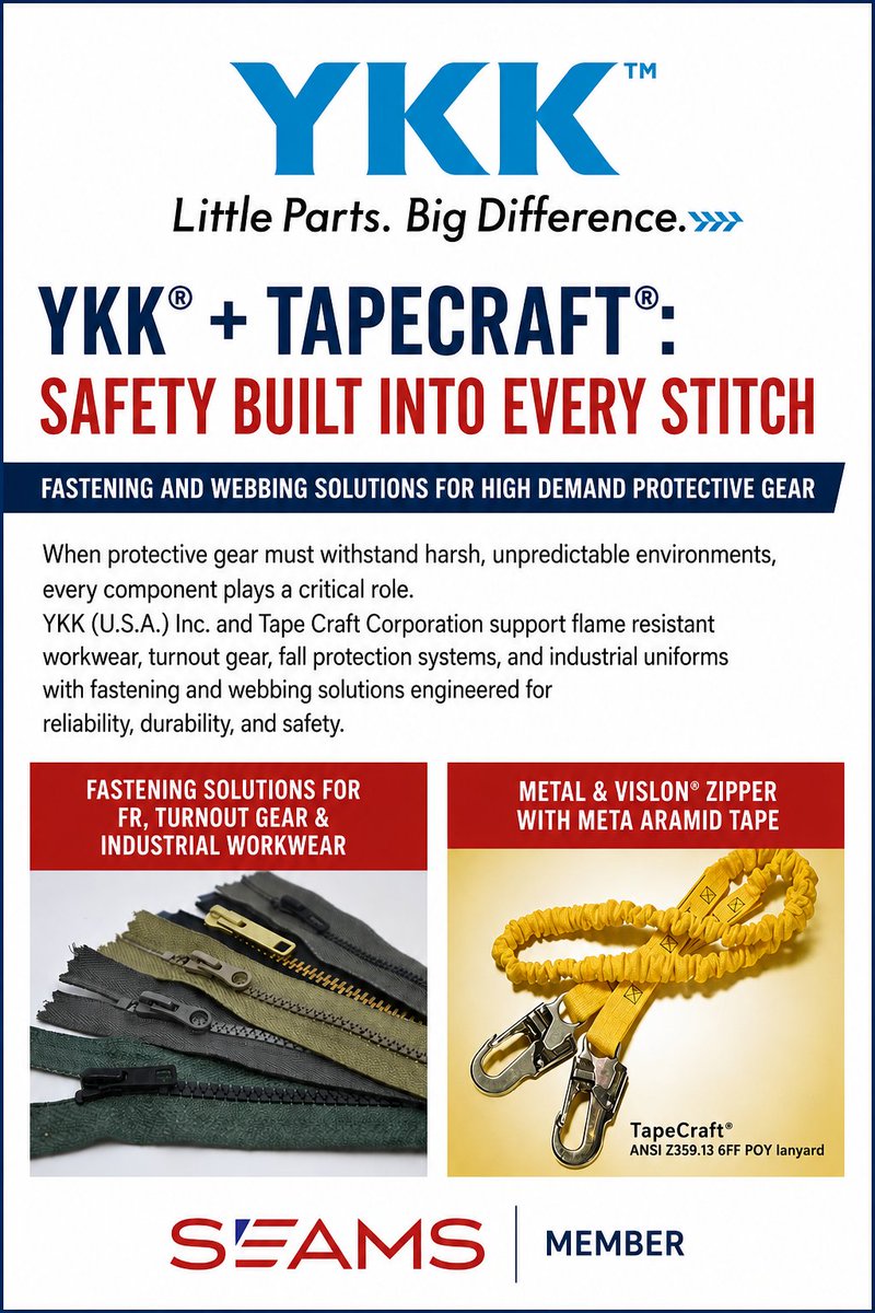 SeamsAssoc's tweet photo. News from @SEAMSAssoc member @ykkfasteners:
YKK® + TAPECRAFT®: Safety Built Into Every Stitch
YKK® fastening products: https://t.co/ulDBNNuRK3
TAPECRAFT® webbing products: https://t.co/qgQWcuyZmf
https://t.co/QQBULBJuWD
#YKK #Zippers #Fasteners #Webbing #SEAMS https://t.co/pYPF1T0cpv