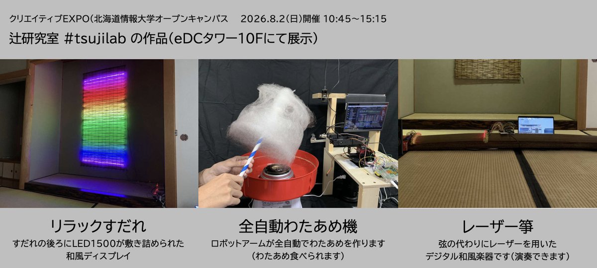 junpeitsujilab's tweet photo. 北海道情報大学オープンキャンパス #クリエイティブEXPO が、今週末8/2(日)に開催されます。

辻研究室 #tsujilab からは、動いて遊べるものづくり作品（画像参照）を展示します。
eDCタワー10Fでお待ちしています！
#johodai 

お申し込みはこちら：
https://t.co/YXxsdwrJ7q https://t.co/lmhsIwFmmZ