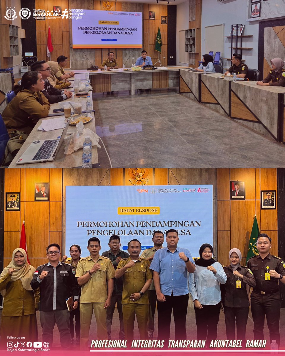 Kejari_Kobar's tweet photo. Selasa, (28/07/2026) Bidang Perdata dan Tata Usaha Negara telah melaksanakan Kegiatan Rapat Ekspose Permohonan Pendampingan Pengelolaan Dana Desa Riam Durian, Kecamatan Kotawaringin Lama bersama Kepala Desa dan Perangkat Desa Riam Durian dilaksanakan di Aula Satya Adhi Wicaksana. https://t.co/T6wY1kHpTf