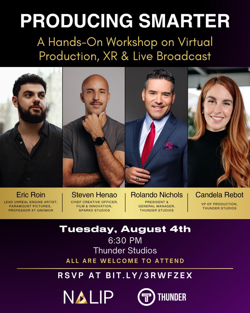 NALIP_org's tweet photo. Join NALIP &amp; @Thunder_Incon Tuesday, August 4, for an exclusive hands-on workshop. This event will offer practical insights, live demonstrations, &amp; direct access to industry experts working across virtual production, XR, &amp; live broadcast.

RSVP at https://t.co/C4Q2D0AtjH https://t.co/4Xw9EIeLQN
