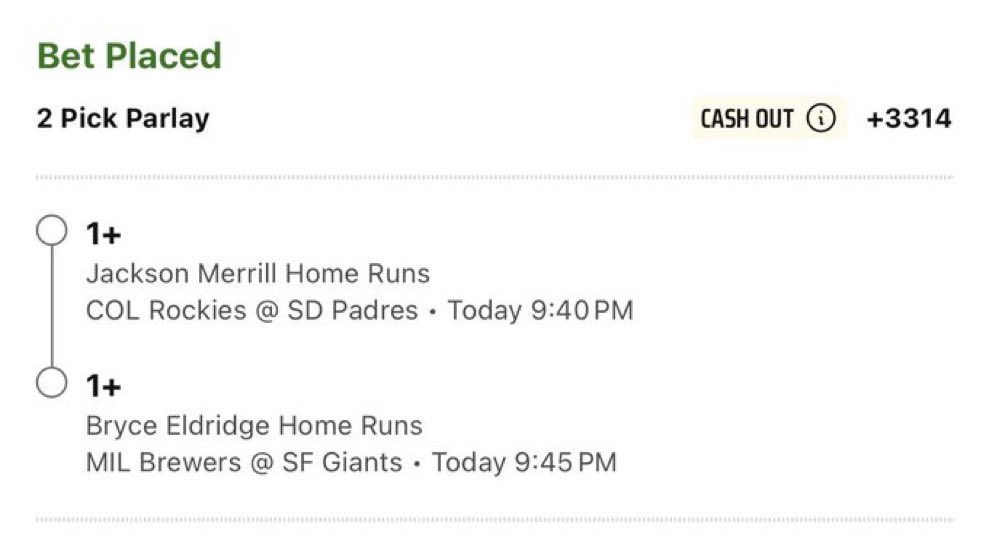 legacywin_'s tweet photo. 💣 MLB 2-PICK HOME RUN PARLAY 💣

🔥 Odds: +3314

⚾ Jackson Merrill — 1+ Home Run
🆚 Rockies @ Padres

⚾ Bryce Eldridge — 1+ Home Run
🆚 Brewers @ Giants

🚀 Two young power bats with massive upside. If they both leave the yard, this ticket turns into a huge payday.

🍀 Lock it in before first pitch and let’s chase another homer sweep! 💰⚾

#MLB #MLBPicks #HomeRunParlay #DingerSeason #JacksonMerrill #BryceEldridge #HomeRun #Baseball #SportsBetting #ParlayLife #BettingCommunity #FanDuel #HRProps #MLBTwitter #WinningPicks #CashIt #LetsCash #GrandSlam #SportsPicks #BaseballBets