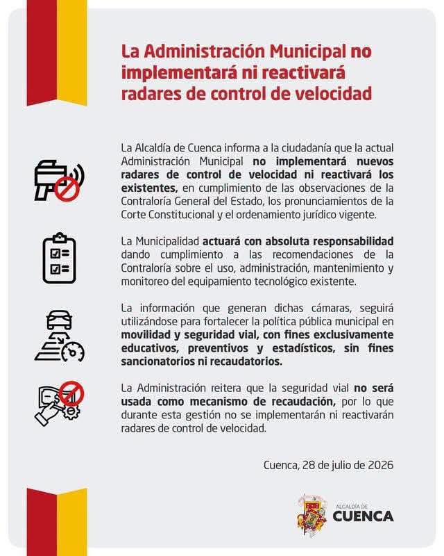 UNSIONTV's tweet photo. #Movilidad | El Municipio de #Cuenca informó, mediante un comunicado, que no se reactivarán ni se implementarán nuevos radares de control de velocidad en la ciudad, tras las observaciones y recomendaciones emitidas por la Contraloría General del Estado.

#Radares #SeguridadVial #MovilidadCuenca #UnsionNoticias #UnsionelCanaldeCuenca