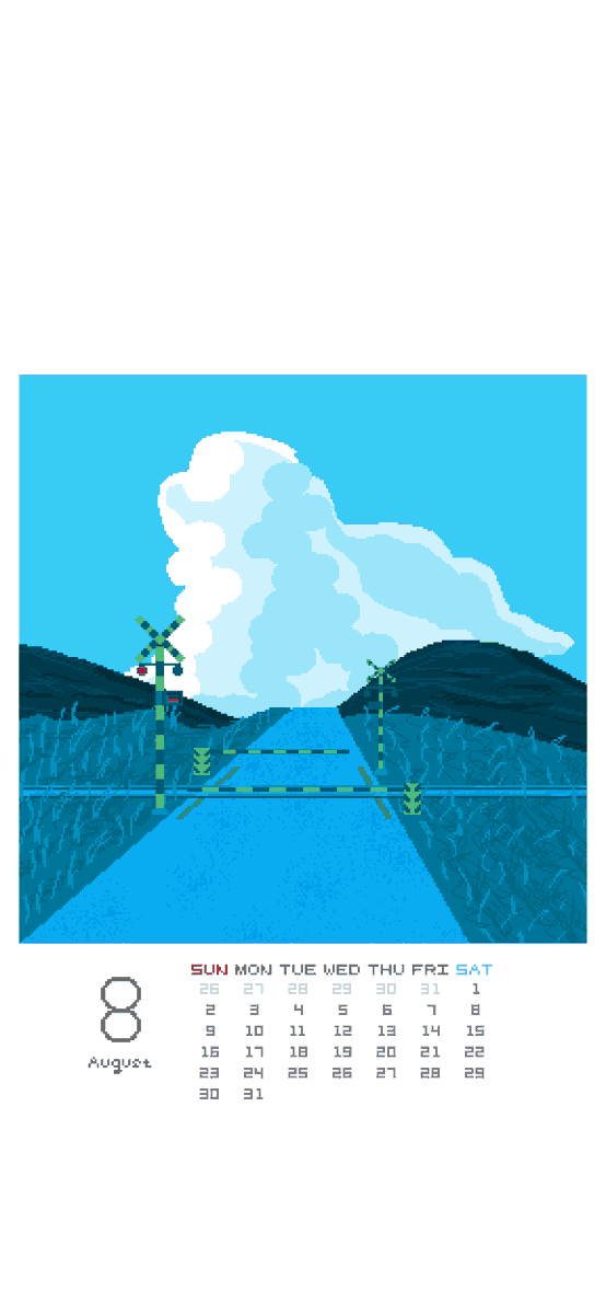 YutoripP's tweet photo. 今日から使える8月のカレンダーです☁️
入道雲と踏切のドット絵です☁️
高画質ご希望の方ははこちらのfanboxのオリジナルサイズの表示より保存しスマホの待受などにご活用ください☁️
#ドット絵 #pixelart #カレンダー
https://t.co/1M7PGkNNLV https://t.co/8Nsdp2nmcU