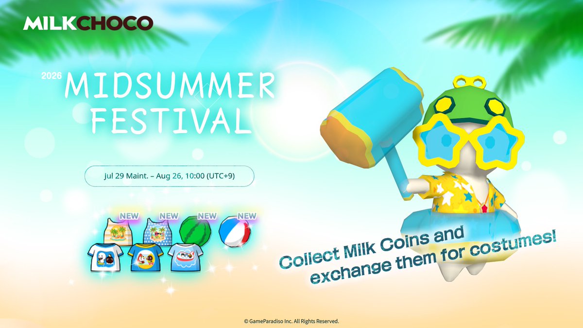 MilkChocoGlobal's tweet photo. \🎆 The Midsummer Festival is Here! 🎉/
Collect Milk Coins and unlock an exclusive summer costume!
Win in General or Battle Royale to earn Milk Coins! ♪
【Event Period】
29 Jul, after maintenance – 26 Aug, 10:00
Don't miss out on this summer-exclusive costume!
#MilkChoco https://t.co/uMzVmuEuK6