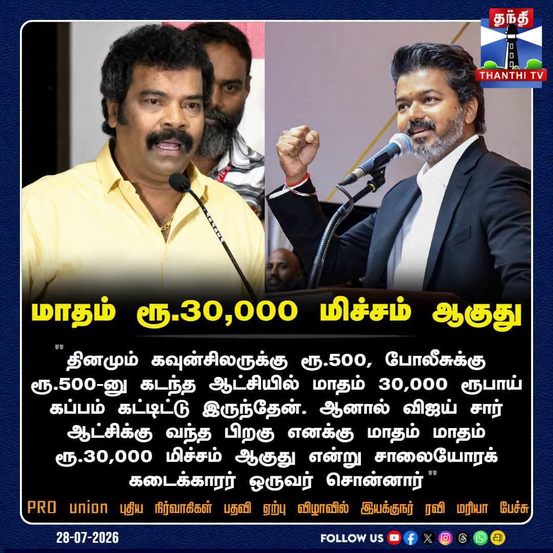 Ragavi92433588's tweet photo. மாதம் ரூ.30,000 மிச்சம் ஆகுது - PRO union புதிய நிர்வாகிகள் பதவி ஏற்பு விழாவில் இயக்குநர் ரவி மரியா பேச்சு
#DirectorRaviMaria #CMVijay #PROUnion https://t.co/8BzWcjocYp