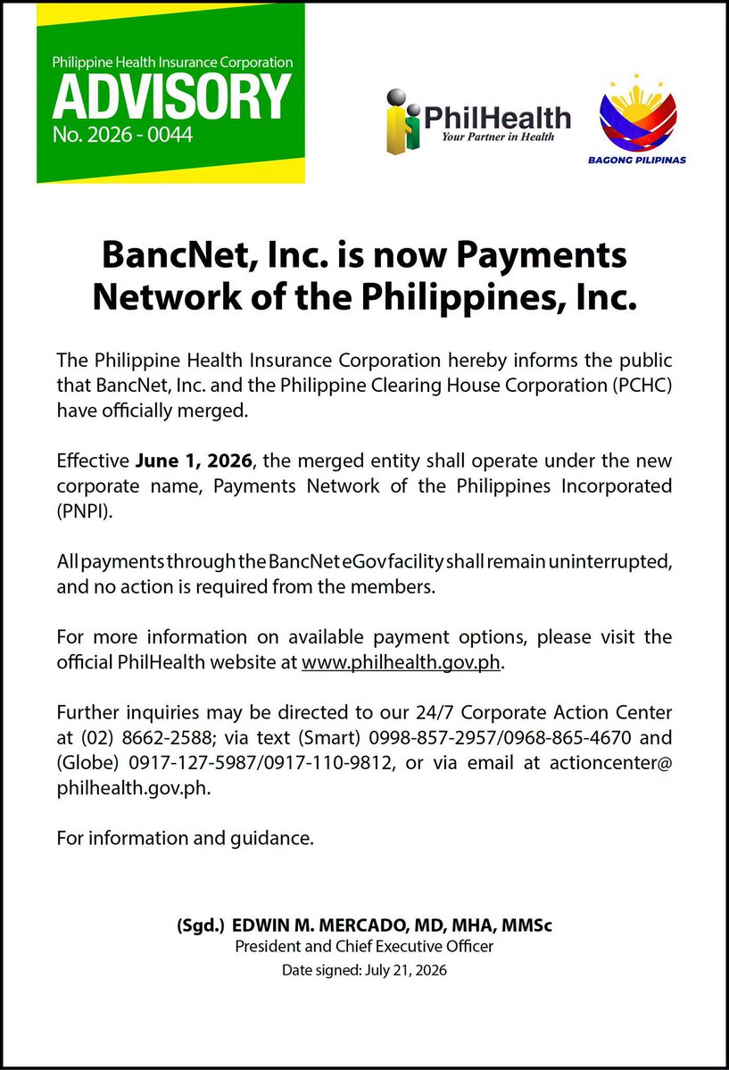 teamphilhealth's tweet photo. 𝗣𝗵𝗶𝗹𝗛𝗲𝗮𝗹𝘁𝗵 𝗔𝗱𝘃𝗶𝘀𝗼𝗿𝘆 𝗡𝗼. 𝟮𝟬𝟮𝟲-𝟬𝟬𝟰𝟰
BancNet, Inc. is now Payments Network of the Philippines, Inc.
#PhilHealthAdvisory
#MyPhilHealth https://t.co/qset1fURLb