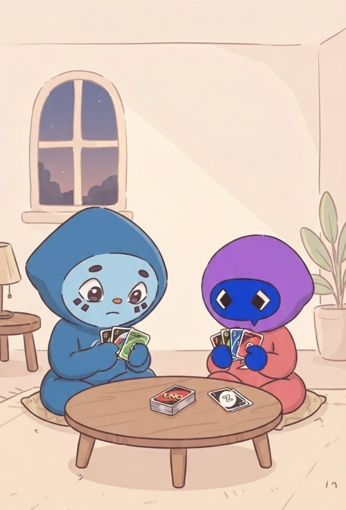 Ari_ful19's tweet photo. "UNO! And nobody talk to me until I play this Draw 4. 🤫🃏
​Look at the focus on our Blue mascot—it’s all serious business over here. Meanwhile, the Purple mascot seems to be plotting a sweet revenge. 🧐
@DlicomApp 
@timcrypto 
@0x6Leo https://t.co/kdsL3S75EX