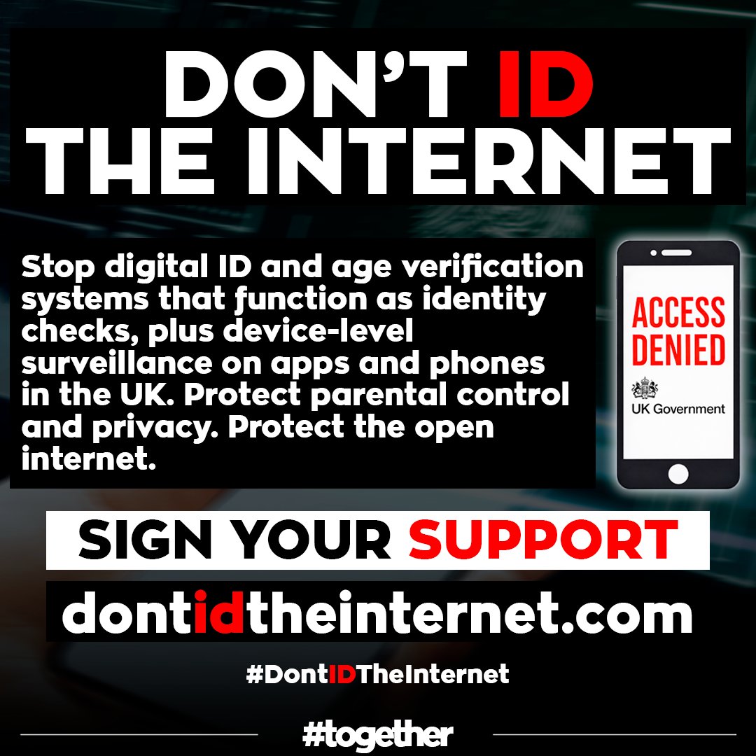 Togetherdec's tweet photo. A “social media ban for children” will ultimately mean ID checks for all of us before we can speak online.

There is nothing safe about a society where ordinary people must be identified, monitored, and recorded simply to participate.

#dontidtheinternet https://t.co/aMUkBTEleG