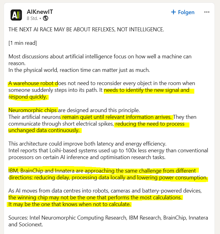 MIAM_Schwan's tweet photo. "As AI moves from data centres into robots, cameras and battery-powered devices, the winning chip may not be the one that performs the most calculations.
It may be the one that knows when not to calculate."
@BrainChip_inc #Akida https://t.co/ZQPaR10EYR