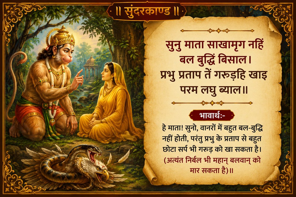 Ramlal's tweet photo. ॥सुंदर कांड॥

सुनु माता साखामृग नहिं बल बुद्धि बिसाल।
प्रभु प्रताप तें गरुड़हि खाइ परम लघु ब्याल॥

भावार्थ:-हे माता! सुनो, वानरों में बहुत बल-बुद्धि नहीं होती, परंतु प्रभु के प्रताप से बहुत छोटा सर्प भी गरुड़ को खा सकता है। (अत्यंत निर्बल भी महान्‌ बलवान्‌ को मार सकता है)॥

#RamCharitManas
#SundarKand