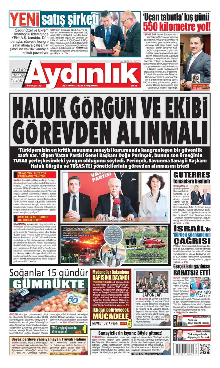 OncuGenclik's tweet photo. 📌 HALUK GÖRGÜN VE EKİBİ GÖREVDEN ALINMALI

➡️ 'Uçan tabutla' kış günü 550 kilometre yol! 

➡️ İsrail'de Kürtleri silahlandırma çağrısı

@AydinlikGazete I 29 Temmuz 2026 I #Çarşamba https://t.co/996la4sgLJ