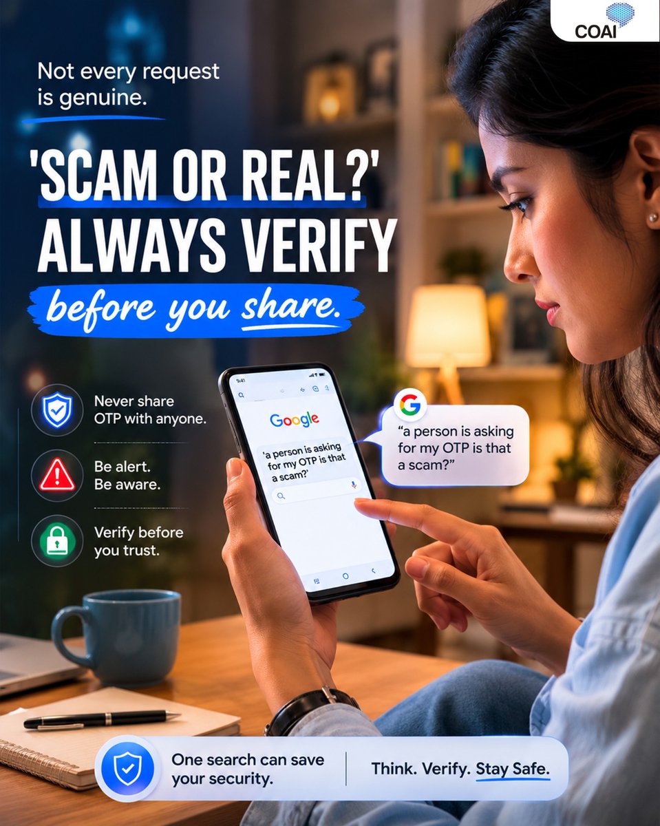 ConnectCOAI's tweet photo. Trust your instincts, but verify with a search. If an unknown number asks for your OTP, pause before you type. Sometimes, your safest click is Search. Stay vigilant and protect your digital identity.

#OnlineSafety #ScamAlert #CyberSecurity #COAI

@DoT_India @TRAI https://t.co/ZYiduNgDXT