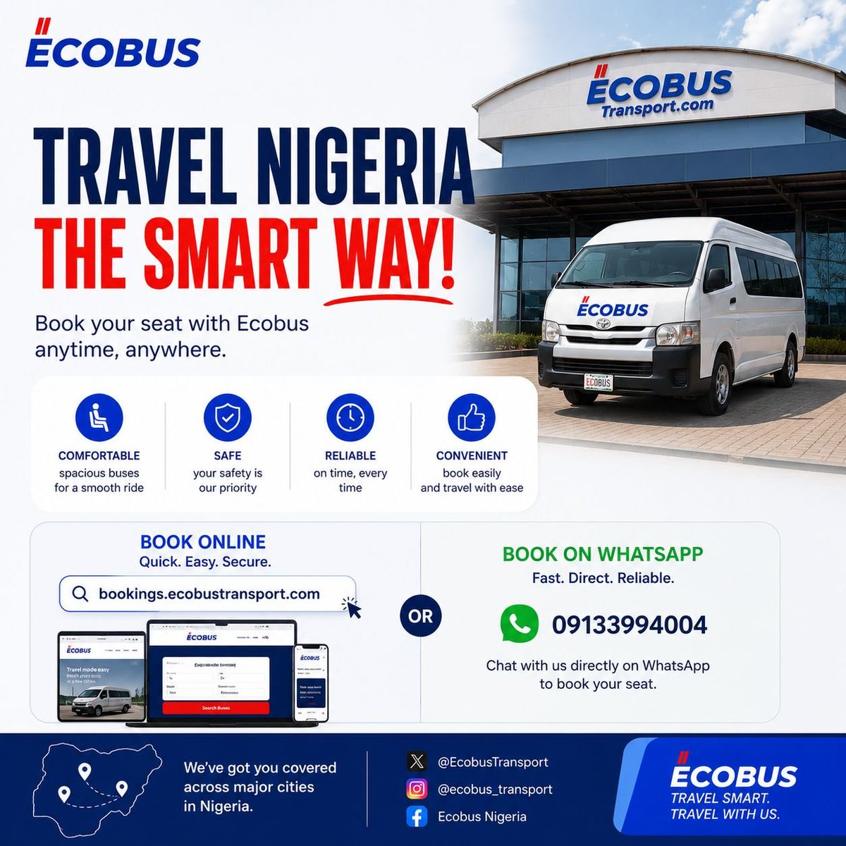 EcobusTransport's tweet photo. Your journey starts before you get to the terminal.

💻 Book online:
https://t.co/QqGSJjgNd8

📲 Or chat with us on WhatsApp:
09133994004

Less waiting.
More travelling.

Travel Smart. Travel with ECOBUS. https://t.co/PrLETYAoOB