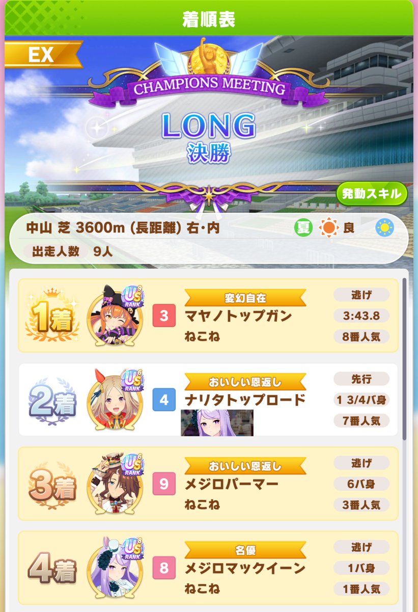 NConneconne's tweet photo. チャンミLONG
今月はひそかにマック推しでした

ただ、やはり今月の環境トップ(ねこね調べ)の猫マヤちゃんがもっていきましたね
来月からは再びスズカとともに頑張ります！ https://t.co/KqaPpa4P4J