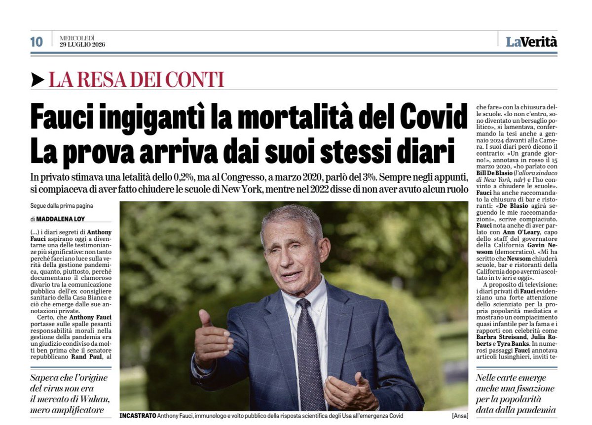 madforfree's tweet photo. I diari segreti di Anthony Fauci sono lo zeitgeist della pandemia perché testimoniano le colossali bugie raccontate sul covid (a cominciare dalla mortalità, che in realtà era dello 0,2%, annotava il consigliere della Casa Bianca). Occultata anche l’origine del virus 1/ 🧵 
@LaVeritaWeb