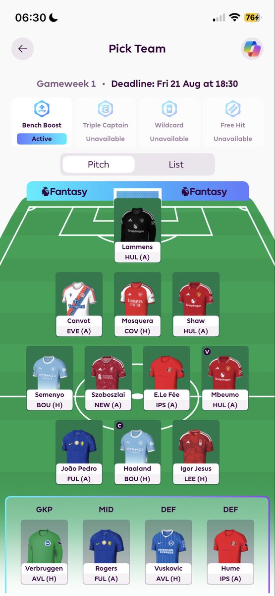 FPL_Lelouch's tweet photo. Updated Bench Boost GW1 draft
What changes would you make? https://t.co/XEHO50wQVW