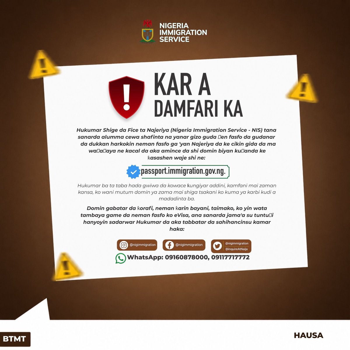 Ireoluwa_Ademi's tweet photo. Avoid passport fraud🚫 The Nigeria Immigration Service has not authorized any third parties or middle agents to collect payments for passport services. 

Never click unofficial links or send money to third parties. Stay safe!
​#NIS
#BewareofSCAMMERS https://t.co/Fbk2VwQqmn