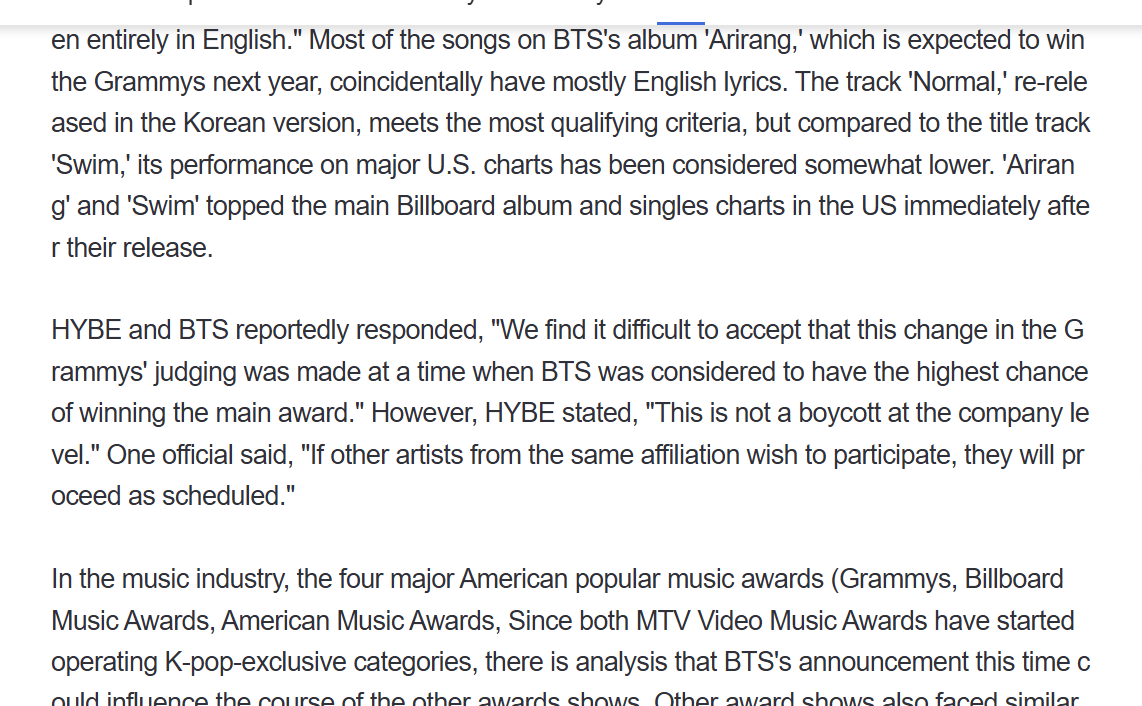 btsbase07's tweet photo. BTS and HYBE's statement!

"We find it difficult to accept that this change in the Grammys' judging was made at a time when BTS was considered to have the highest chance of winning the main award." However, HYBE stated, "This is not a boycott at the company level." One official said, "If other artists from the same affiliation wish to participate, they will proceed as scheduled."