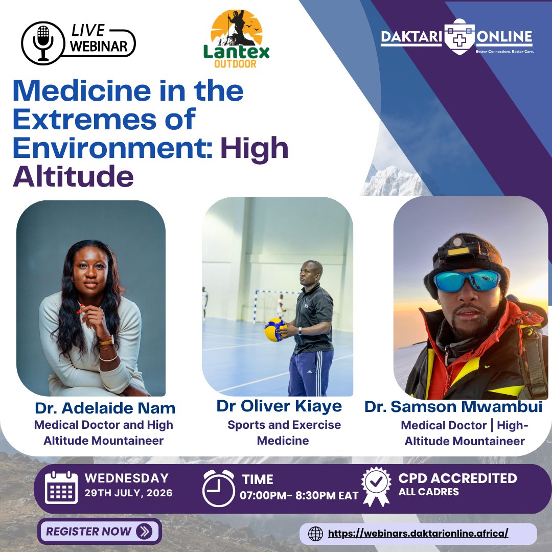 DaktariOnline's tweet photo. 📢 HAPPENING TODAY!

Explore high-altitude medicine with Dr. Adelaide Nam, Dr. Oliver Kiaye &amp; Dr. Samson Mwambui. Learn to recognise, prevent, and manage altitude-related illnesses.

��� 7:00 PM EAT

🔗 https://t.co/hXkZcqVDWc

#CPD #DaktariOnline https://t.co/SadCyde7kt