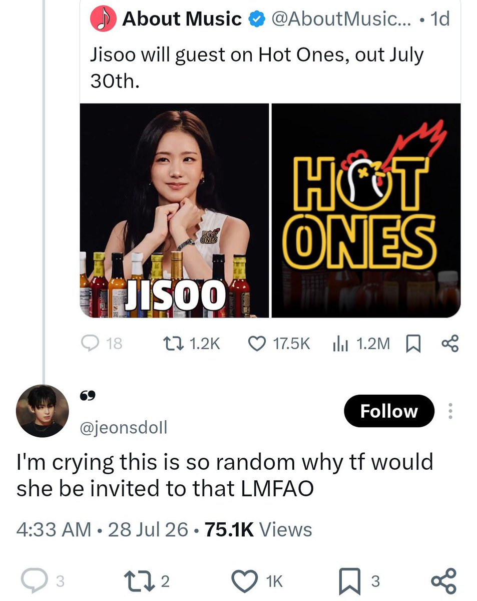 blinkbro_4_ever's tweet photo. Hot Ones has literally wanted to invite Jisoo for over a year now, way before even their favs were invited https://t.co/l5Ia46aREK