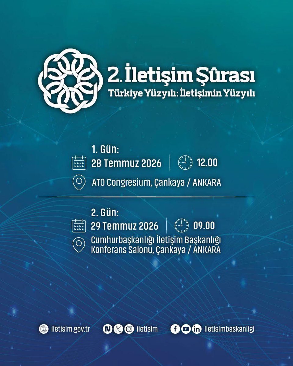 Taskent_im's tweet photo. 🇹🇷Turkiya Respublikasi Prezidenti huzuridagi Kommunikatsiya boshqarmasi tomonidan “Turkiya asri: Kommunikatsiya asri” mavzusida 2026-yilning 28-29-iyul kunlari Anqarada tashkil etiladigan 2-Kommunikatsiya kengashining ochilish marosimi Prezident tashriflari bilan boʻlib oʻtadi. https://t.co/J1yA24iU2U