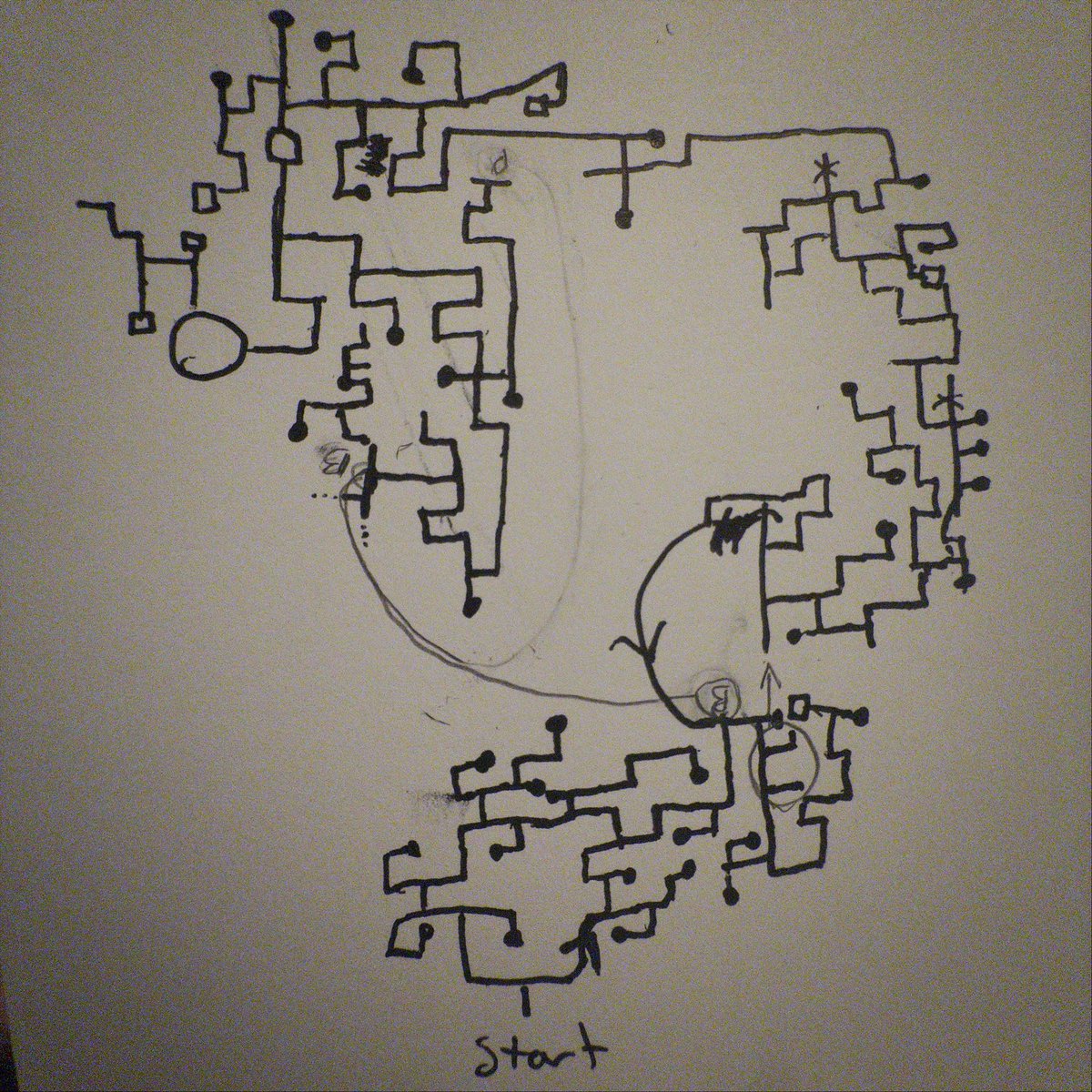 XestyTV's tweet photo. Trying to map this was wild. Boxes are things you should go to. Big circle is the end basically. Dots are dead ends, some have resources. https://t.co/LKUusnOGw0