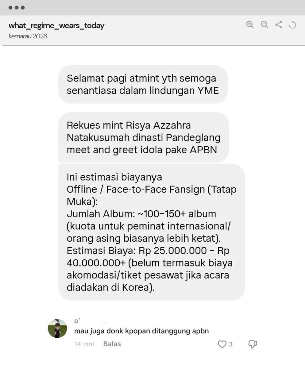 aboutr3y's tweet photo. Risya Azzahra Natakusumah, anak Wakil Gubernur Banten, dikabarkan memakai dana APBN Rp25–40 juta untuk ketemu idol K-pop. Padahal fans biasa rela berhemat ketat demi impian yang sama. Kok pejabat bisa seenaknya pakai uang rakyat buat hiburan pribadi? 😭 https://t.co/upHmrlK77y