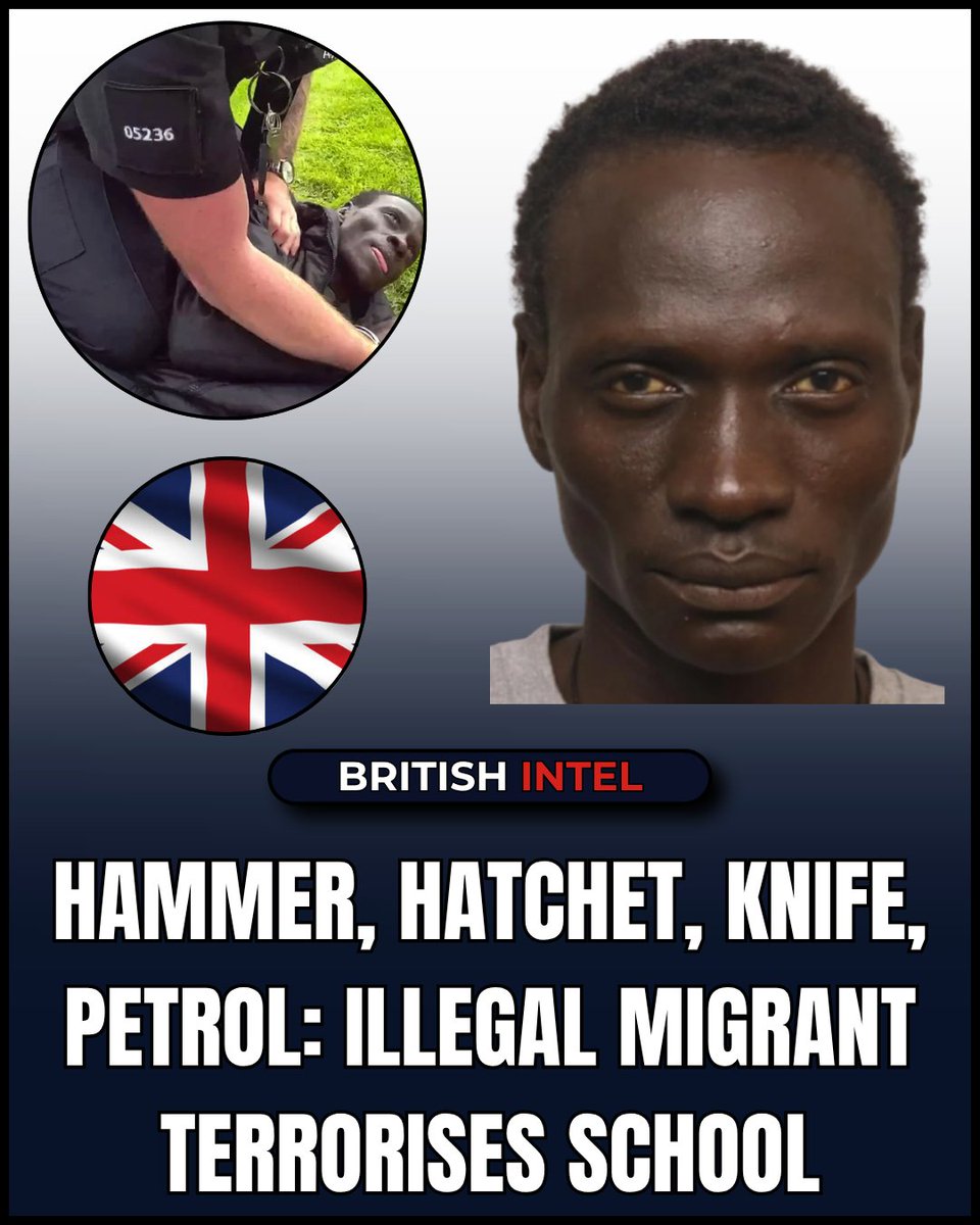 TheBritishIntel's tweet photo. A South Sudanese illegal immigrant has been jailed for turning up at Edgar Wood Academy armed with a hammer, hatchet, kitchen knife and petrol. Douk Deng, 21, was "increasingly frustrated" with immigration authorities when he walked "a full circuit around the school" with his weapons.

The day before, he'd damaged an intercom at another Rochdale school. His solicitor claimed he was just "attention-seeking" in "deep distress" and didn't intend to hurt anyone.

The solicitor defending this animal is part of the problem - making excuses for an armed individual terrorising a school. The damage he could have caused had he been successful is terrifying.

We were potentially seconds away from another child massacre.

Incidents like this are now a daily occurrence.