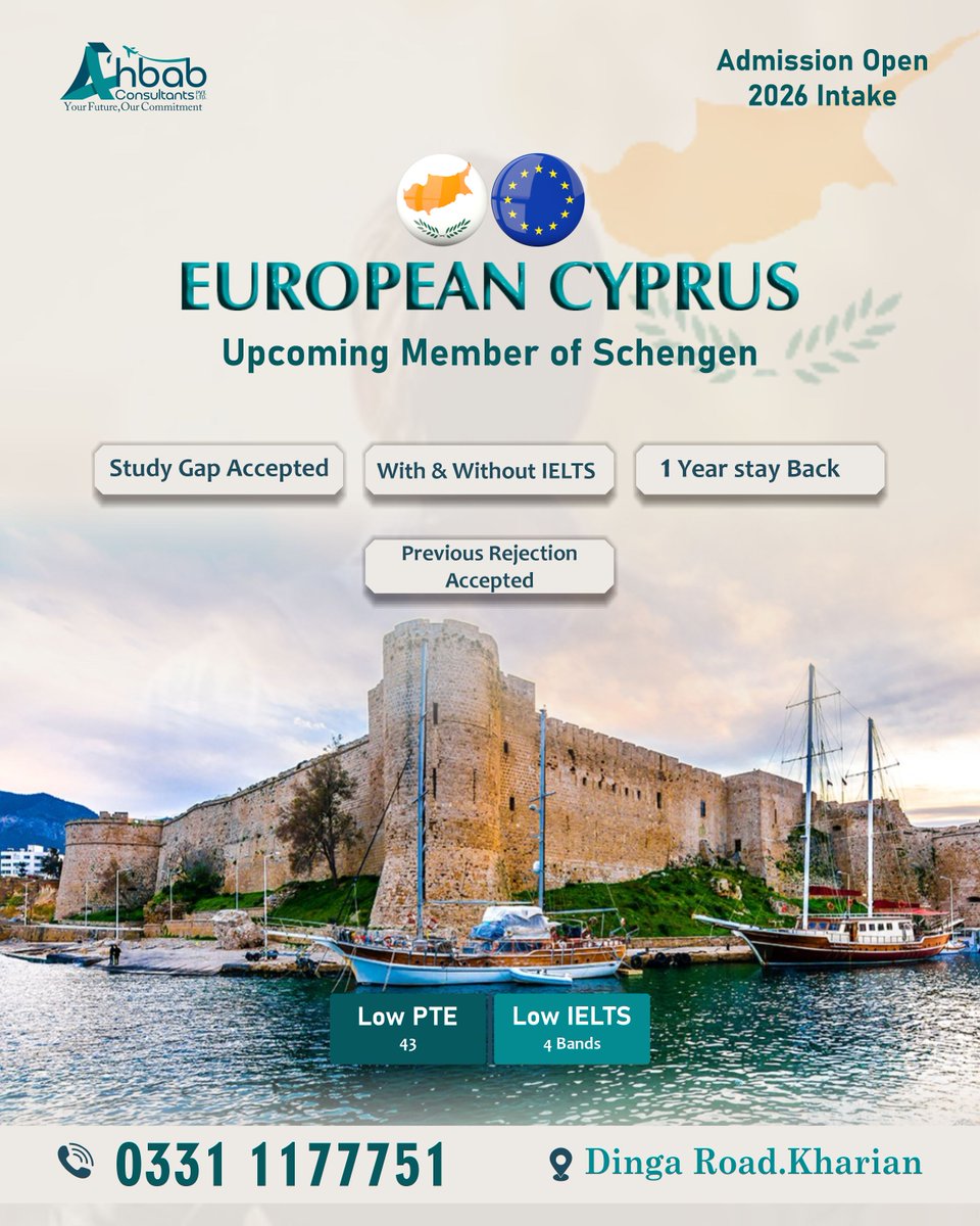 QasimAzaz's tweet photo. 🇨🇾 European Cyprus 2026 Intake is Open!
Study in Europe with Low IELTS
(4 Bands) or PTE (43).
Apply now with Ahbab Consultants and take the first step toward your international future.
📞0331 1177751
#StudyInCyprus #EuropeanCyprus #StudyAbroad #AdmissionOpen #IELTS #PTE #Ahbab https://t.co/OxPd49eF6A