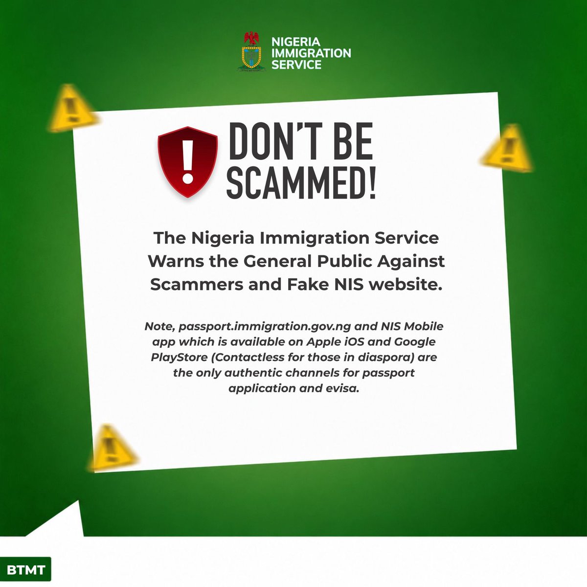 F3_LIX17's tweet photo. One fake website is all it takes to lose your money or compromise your personal information. Don’t take that risk. 

The Nigeria Immigration Service advises applicants to use only https://t.co/2ZTpMgosjW and the official NIS Mobile App for all passport and eVisa services.

#NIS #BewareOfScammers