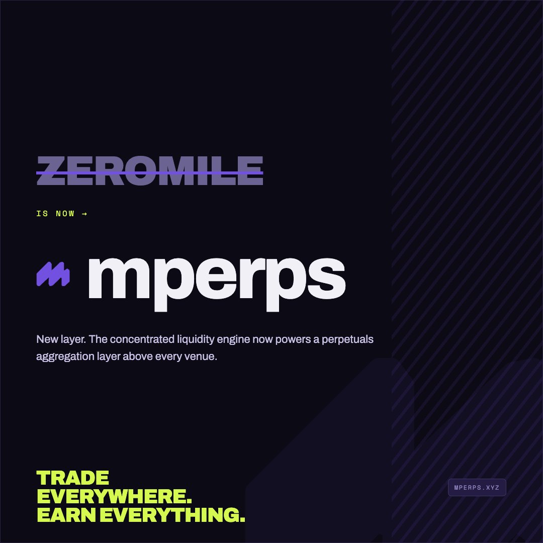 mperpsxyz's tweet photo. Zeromile has evolved.

What started as a concentrated liquidity engine now powers a perpetuals aggregation layer built across major execution venues. 

A new identity engineered for scale, deep order books, and trading unity.

The tech stack you trust, now built to dominate.

Welcome to mperps.

🔗 https://t.co/yj68nlDeL3