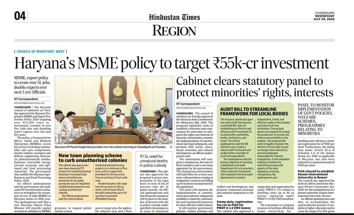 hardeep550's tweet photo. Punjab Needs a Bold Industrial Vision -Why We Punjabis Need a BJP Government Like Haryana for Economic Revival Punjab once stood as India’s economic powerhouse. We led the Green Revolution, built world-class industries, and became a symbol of hard work and enterprise. Today, however, our state is steadily losing investment, industries are shifting to neighbouring states, unemployment is rising, and thousands of our youth are leaving Punjab every year in search of better opportunities.
The recent decision of the BJP government in Haryana, under the dynamic leadership of Hon’ble Chief Minister Shri Nayab Singh Saini Ji, to introduce a Progressive MSME and Export Promotion Policy targeting ₹55,000 crore in investment, creation of over five lakh jobs, and doubling exports over the next five years should serve as a wake-up call for Punjab.
The question every Punjabi should ask is simple:

If Haryana can do it, why can’t Punjab?

Punjab Cannot Afford to Fall Behind

Punjab has every natural advantage—our strategic location, entrepreneurial culture, skilled workforce, fertile land, and excellent connectivity. Yet investors increasingly prefer Haryana, Gujarat, Uttar Pradesh, and Rajasthan because their governments provide stable policies, faster approvals, better infrastructure, and attractive incentives.
Unfortunately, Punjab has failed to keep pace.
We Need a BJP Government That Prioritises Economic Growth
In my view, Punjab now needs a BJP government, under strong and visionary leadership similar to that of Haryana Chief Minister Shri Nayab Singh Saini Ji, that places economic development, industrialisation, employment, and investment at the centre of governance.

Across the country, BJP-led governments have focused on improving the ease of doing business, developing world-class infrastructure, strengthening exports, and encouraging private investment. The progressive MSME policy introduced by the Haryana government under Shri Nayab Singh Saini Ji’s leadership is a clear example of this development-oriented approach.

Punjab deserves the same ambition, the same urgency, and the same commitment to economic transformation.

What Punjab Needs
Punjab should introduce a comprehensive Industrial and MSME Policy that includes:
Capital investment subsidies for new industries.
Investment Creates Employment 
The biggest concern for every Punjabi family today is employment.
When industries invest, young people find jobs, local businesses grow, government revenues increase, and families no longer have to send their children to other states or overseas simply to build a future.
Punjab’s youth deserve opportunities at home.

Our farmers are our pride, but agriculture alone cannot drive Punjab’s future economy.
Punjab must become a leader in manufacturing, exports, technology, logistics, food processing, tourism, and services. A diversified economy will strengthen both industry and agriculture while creating sustainable prosperity.Time for a New Direction
As a Punjabi, I believe our state needs a government with a clear economic vision, strong leadership, and policies that inspire investor confidence.
Punjab needs a BJP government that can bring development-oriented policies similar to those being successfully implemented in Haryana under the leadership of Hon’ble Chief Minister Shri Nayab Singh Saini Ji. By focusing on industrial growth, infrastructure development, skill enhancement, exports, and employment generation, Punjab can once again become one of India’s leading economic engines.The choice before us is simple: continue losing investment and talent to neighbouring states, or embrace policies that create jobs, attract industries, and secure a brighter future for the next generation.
Punjab has the talent. Punjab has the potential. What we now need is the right leadership, the right vision, and the right policies to unlock it.
A prosperous Punjab will not only benefit Punjabis—it will strengthen the entire nation.