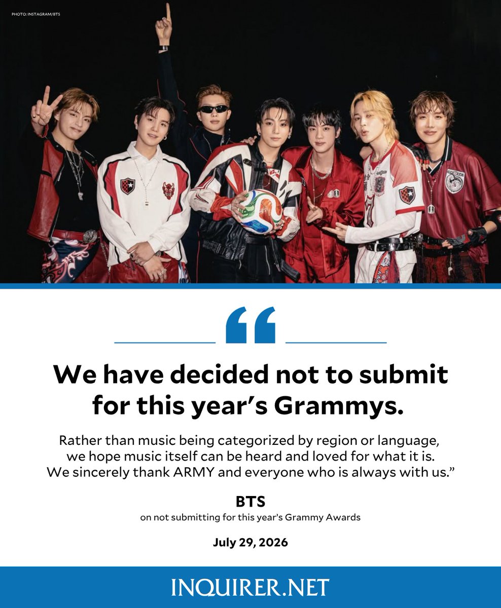 inquirerdotnet's tweet photo. YOU GOT ARMY RIGHT BEHIND YOU, BANGTAN 💜

Global K-pop icons BTS announced that they will skip this year's Grammy Awards submissions, expressing hope that music can be appreciated for what it is rather than grouped by language or region. https://t.co/VizuXganZm