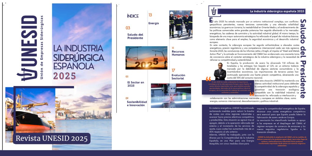 UNESID's tweet photo. 📖 La #revista de @UNESID hace balance de 2025 y analiza los retos y oportunidades de la siderurgia española, como competitividad, energía, descarbonización, economía circular, innovación y talento.

Presentada en la última Junta General.

Descúbrela 👉 https://t.co/RNBt9savvx https://t.co/GUAi59BfnV