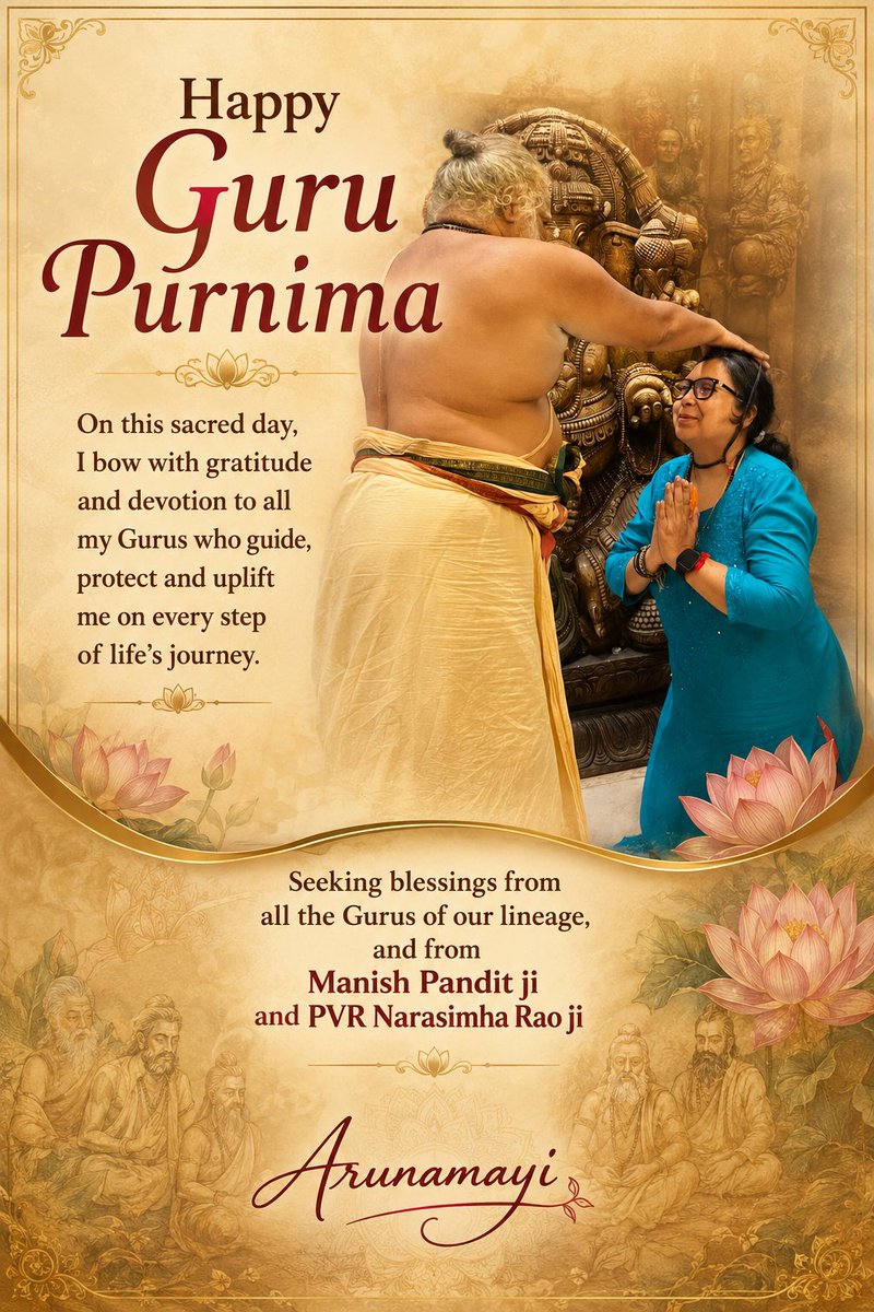 arunishas's tweet photo. Dear all, with much humility in my heart, I wish to inform you all that my Guruji Swami Satha Shivom has given me my spiritual name as "Ma Arunamayi". I personally am extremely happy and I thought that on the auspicious occasion of Guru Purnima I should announce this to all of you 🙏. Though I still have to get used to this name, it's not yet seeped in, but it's like getting a fresh lease of life.  Happy Guru Purnima to all of you