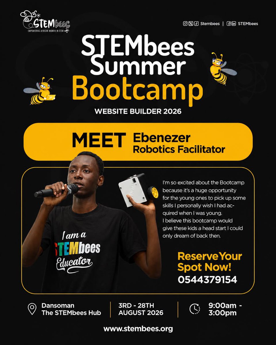 stembees's tweet photo. Meet Ebenezer Quayson, our Robotics Facilitator at the STEMbees Summer Website Builder Bootcamp 2026.

Inspiring young minds through hands-on robotics and STEM learning.

Register your child today!

📞 054 437 9154

#STEMbees #VacationLab2026 https://t.co/3JE7kkO6b7
