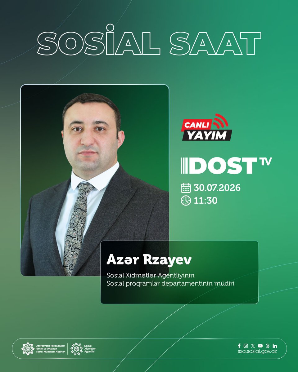 sxasosialgovaz's tweet photo. ⏰ “Sosial saat”ın budəfəki qonağı Sosial Xidmətlər Agentliyinin Sosial proqramlar departamentinin müdiri Azər Rzayevdir.
Kanala keçid linki:
👉 https://t.co/ppsmMrLMck
#ƏƏSMN #DostTV #SXA #SosialSaat https://t.co/7l8ZYwSfmt
