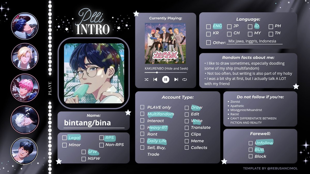Estehh_lebahh's tweet photo. Hi!! #plavetwt #pllitwt i'm looking for #plli_moots. You can call me bintang or bina, and here is my #plli_intro and my RPS chart :333
Btw aku strictly ga menerima orang yang ribet, suka fan war, dan ga bisa nerima perbedaan opini setipis apapun.
(RT/LIKE are apreciated π«Άπ»π) https://t.co/HXwdENc1aO