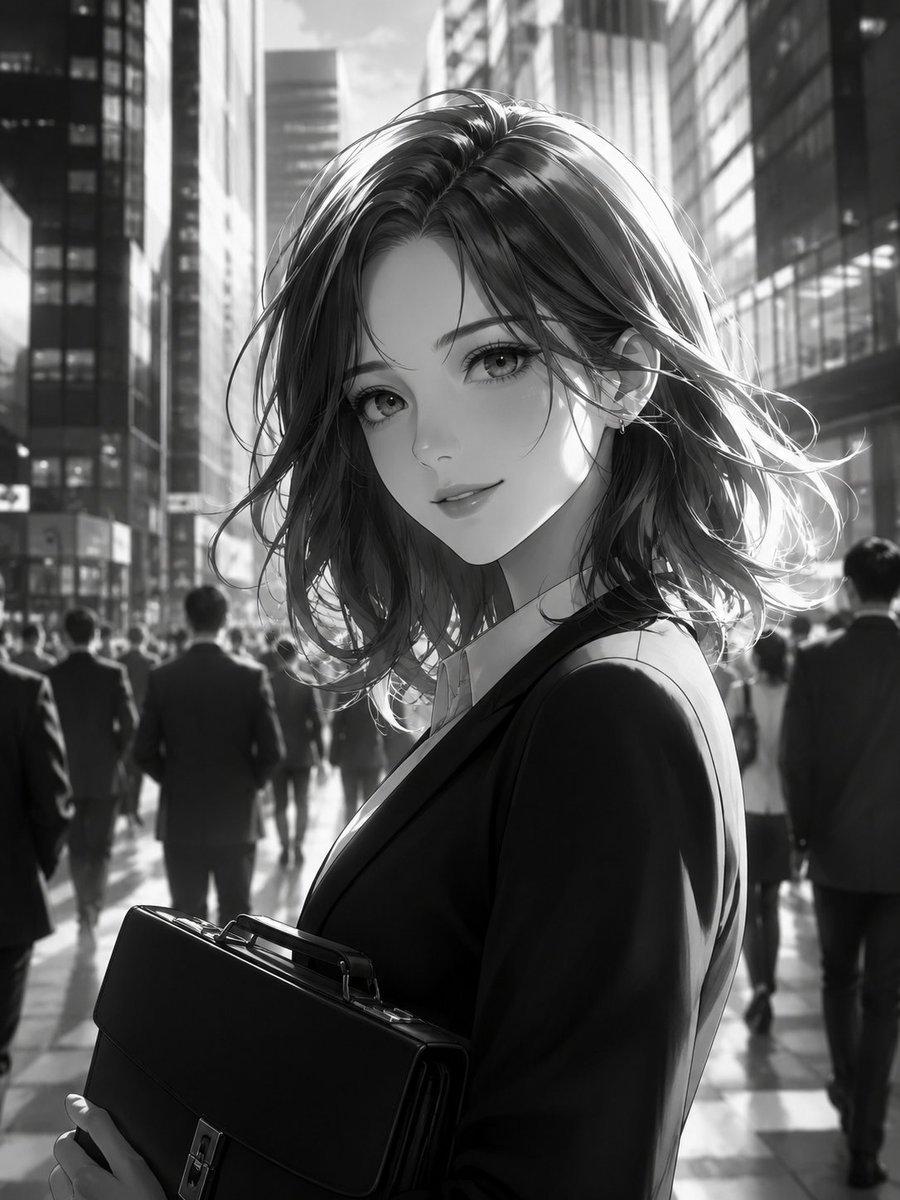 Monochrome Anime Businesswoman City Portrait