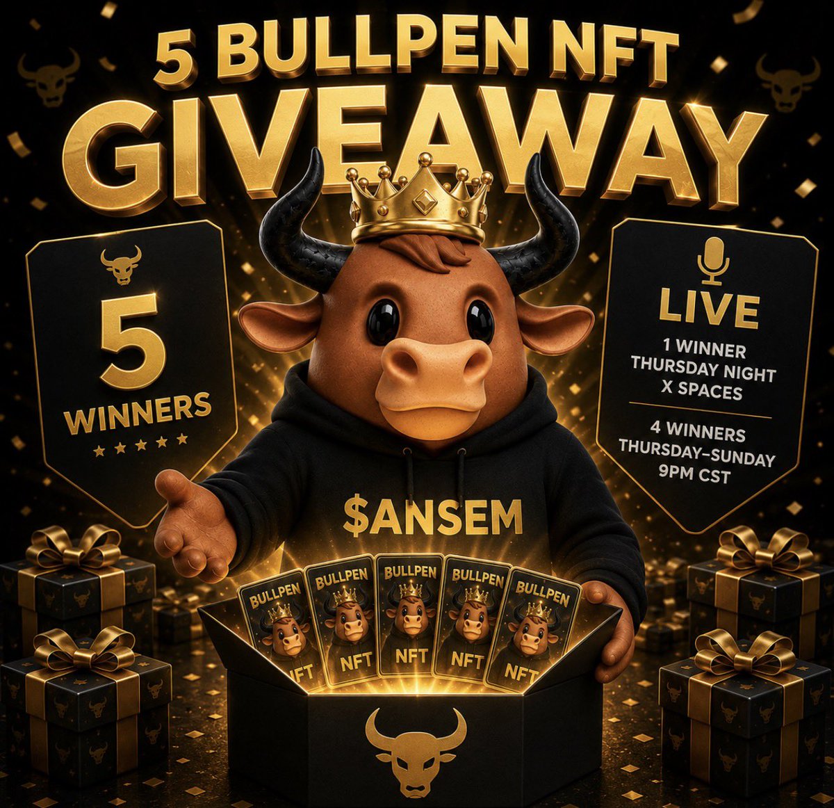 bullpenNFT's tweet photo. 5 @bullpenNFT Giveaway from the legend @Kingansem_ 

To qualify:

• Follow @bullpennft  notifications on 
• Like, repost & comment $ANSEM
• Stay active in the Ansem NFT Discord.
• Create and share Bullpen NFT + Ansem artwork/Videos 
• Make meaningful bullposts during the giveaway.
• Tag @blknoiz06 , $ANSEM, and @bullpennft in your posts.

@Kingansem_ will pick the winners!