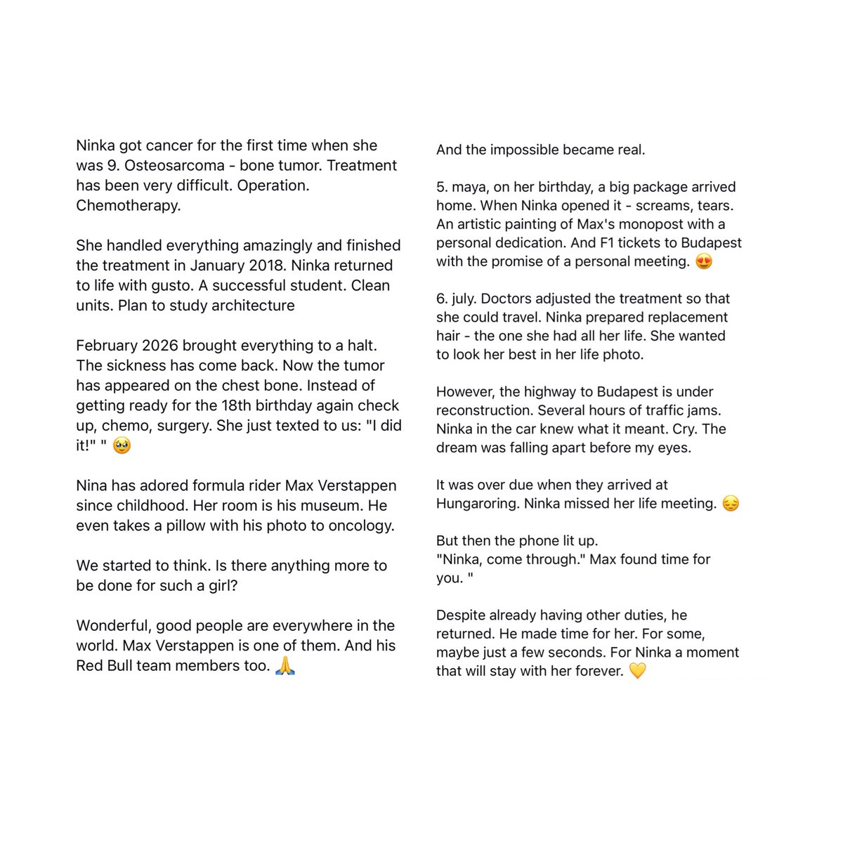 SCUDERIAFEMBOY's tweet photo. on facebook this story was shared of a girl who has been battling cancer for a long time. she got the opportunity to meet max, but due to traffic couldn’t make it on time.. but max made time for her anyway 🥹🩷 https://t.co/MMnI6AHoW8