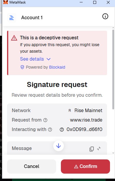 Sergej28012146's tweet photo. When activating trading on @risextrade , @blockaid_
warnings have started appearing in MetaMask: the request is flagged as "Malicious," and the wallet indicates that confirming it could result in a loss of assets.

Notably, this involves an off-chain EIP-712 signature (specifically a "Login" type) rather than an on-chain blockchain transaction. The payload contains no "Approve" or "Permit" functions, nor does it specify amounts, recipients, or token transfer permissions. Consequently, there is a high probability that this is a standard RISEx authorization request and that the Blockaid alert is a false positive.

However, the warning cannot simply be ignored. MetaMask explains that the "Malicious" category indicates the system has a high level of confidence that malicious characteristics are present.

Until RISEx officially confirms the EIP-712 parameters being used—including the `verifyingContract`—it is safer to reject the signature and keep MetaMask's protection enabled.

Possible causes include a non-standard login flow, a new or unrecognized contract, a lack of data on the contract in Blockaid's databases, or an actual issue with the RISEx frontend or authentication system.

I look forward to a response from RISEx.

I wonder if anyone else has encountered this warning?

@sam_battenally @hai_rise @sashaaa @0xShip_ @BittexXBT