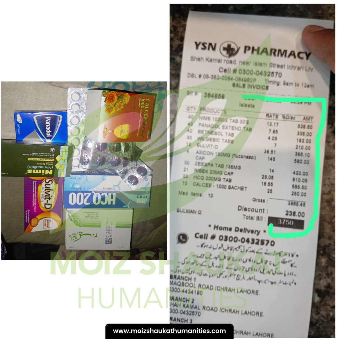 HumanitiesMoiz's tweet photo. Case Closed Alhamdulilah. JazakAllah Khair to everyone who donated towards this case. With your generous contributions, the required amount was successfully arranged, and the necessary medicines for two months were purchased and provided to the patient.

Your support has helped this differently abled woman receive the treatment she urgently needed and has brought her much-needed relief during a very difficult time.

For complete transparency, the medicine pictures and purchase receipt are attached below.

May Allah accept everyone’s donations, bless you all with barakah in your wealth and health, and reward you all abundantly in this world and the Hereafter. Ameen.