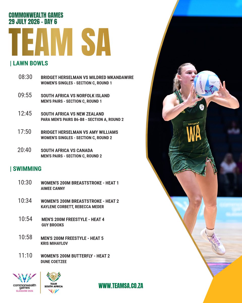 OfficialTeamRSA's tweet photo. Day 6 action kicks off early with Team SA competing across 6 sports! From the pool to the track, our athletes are ready to shine in Glasgow. 💪

#TeamSA #Glasgow2026 #CommonwealthGames #Day6 #ProudlySA https://t.co/JuEwMzg6qn